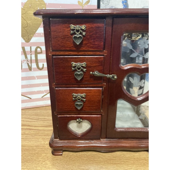 Vintage Wooden Armoire Jewelry Box Chest Necklace Carousel Etched Flowers - Picture 2 of 16